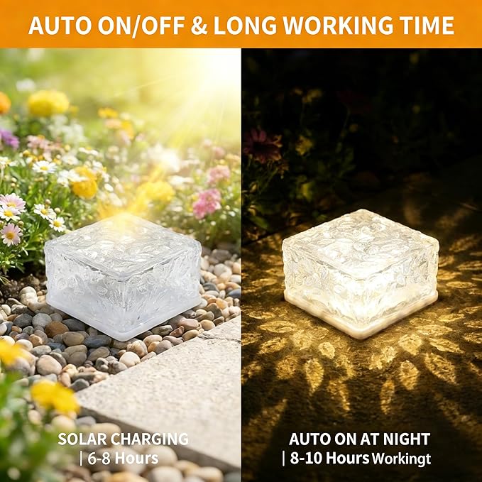 Solar Brick Lights Outdoor Waterproof - Recessed Solar Paver Lights, Ice Brick Design, No Wiring Needed,Landscape Lighting for Pathway,Garden, Patio, Yard, Driveway Decor (8, Warm White, Square)