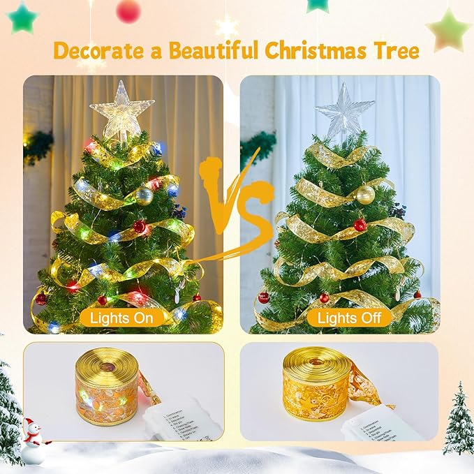Christmas Tree Ribbon String Lights - 33ft 100 LED Battery Powered Fairy Lights with Timer and 8 Lighting Mode, Ribbon Bows Lights for 6ft - 8ft Christmas Tree New Year Decor, Gold Ribbon, Multi-color