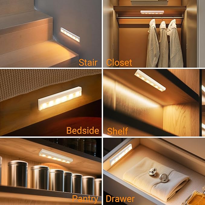 maylit 2 Pack Closet Lights Motion Sensored, Battery Operated Light Indoor, Wireless Magnetic Night LED Bar, Stick on Lighting for Stair, Shelf, Hallway, Bed, Pantry, Under Cabinet, 3000K Warm White