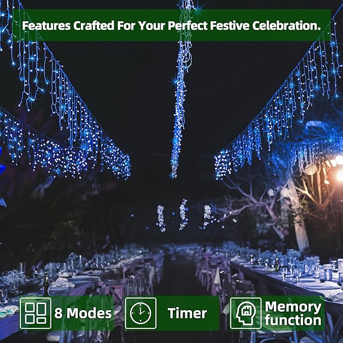 648 LED Outdoor Christmas Lights with 144 Drops, 66ft Christmas Fairy Lights with 8 Modes Timer, Twinkly Lights IP44 Waterproof for Eaves Yard Room Holiday Wedding Party Decor (Blue)