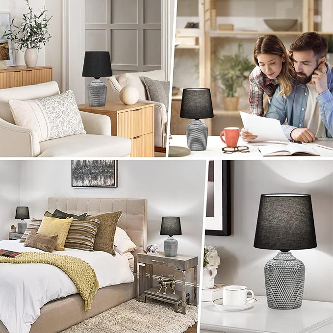 Sucolite 11.8'' Small Table Lamps Set of 2, Bedside Nightstand Lamps for Bedroom Kid’s Room, Cute Desk Lamps with Studded Texture Base for Reading Nursery Living Room Office, Black