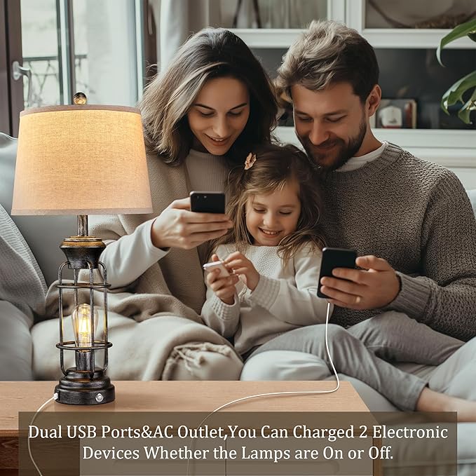 28" Table Lamp for Living Room with USB Charging Ports, Tall Table Lamp Set of 2,3-Way Dimmable Lamps for Bedroom, Bedside Lamp for End Tables, Industrial Nighstand Lamps,Bulbs Included