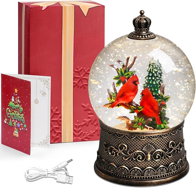 Cardinal Snow Globe Christmas Snow Globes Lantern, Lighted Christmas Decorations Indoor for Home with Music Timer Swirling Glitter, Light Up Musical Cardinals Decor, USB or Battery Operated