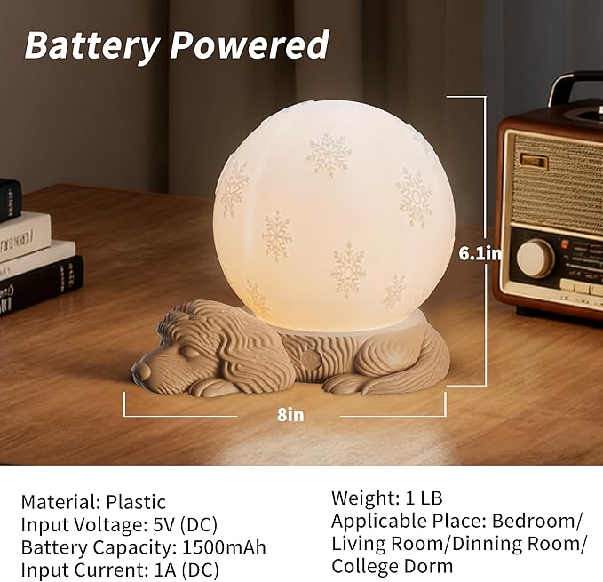 Cute Dog Lamp, Rechargeable Battery Powered Bedside Lamp, 3 Color Temperature Dimmable Cordless Lamp, USB C Charging Touch Lamp for Bedroom, Nightstand, Nursery