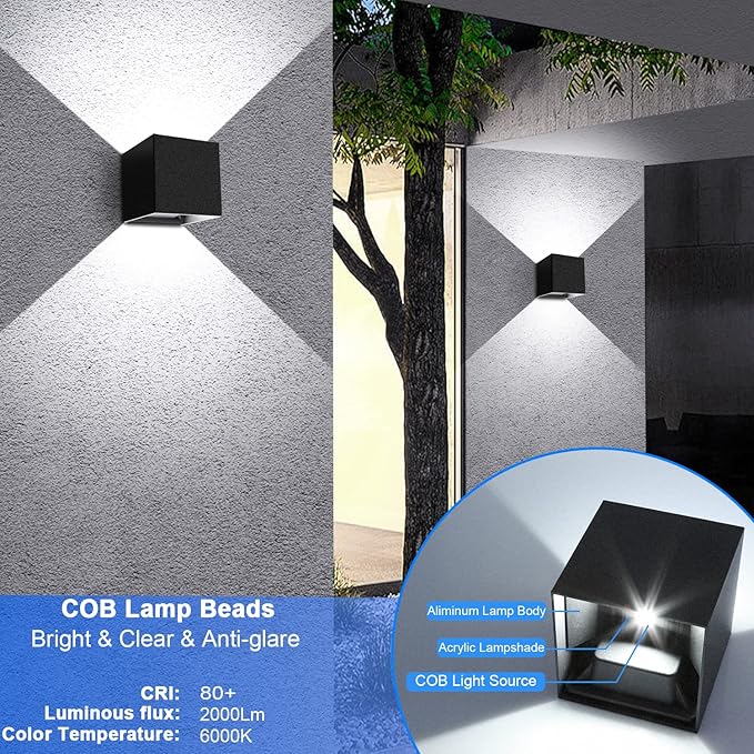 Juyace 20W 6000K LED Sconce Wall Up and Down Exterior Lighting hardwire No photocells Light Fixtures with Angle-Adjustable Square 4.7" IP65 Waterproof for Porch Patio 2 Pack