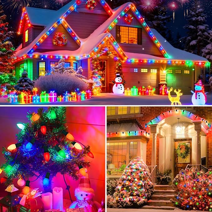 C9 Ceramic Multicolor Christmas String Lights, 25FT Vintage Christmas Lights Green Wire with 25+1 Multicolored C9 Light Bulbs, Hanging String Light for Xmas Tree Home Yard Party Decor, 7W, E17 Base