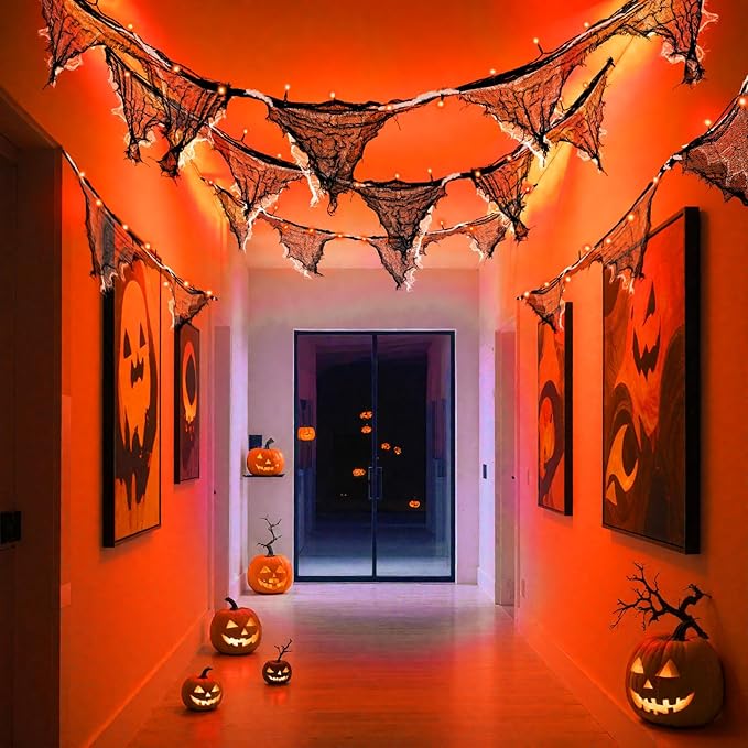 Halloween Lights Battery Operated or USB, Creepy Cloth String Lights with Timer Waterproof 9.8ft 30LED Orange String Lights Halloween Decortions for Fireplace Window Door Mirror