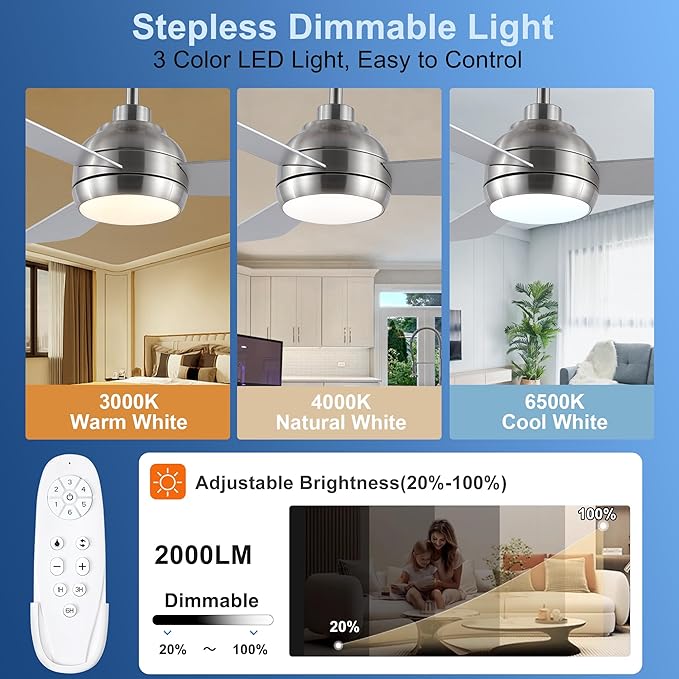 42 Inch Ceiling Fans with Lights and Remote, Modern Brushed Nickel Ceiling Fan with Light, DC Reversible, 6 Speeds, 3CCT, Dimmable, 3 blades, Bedroom, Indoor/Outdoor Patios Use