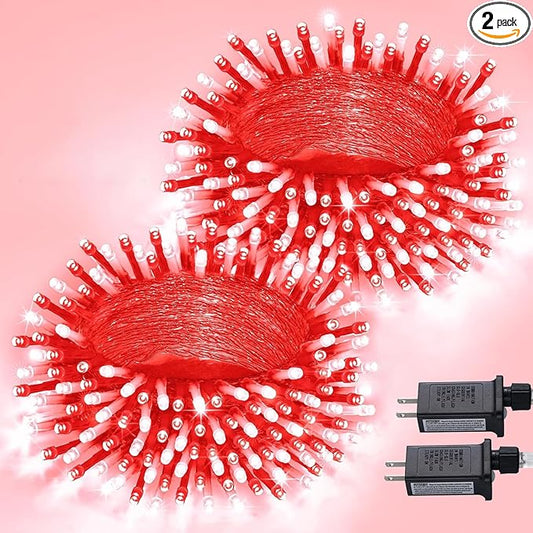 JMEXSUSS 2 Pack 100 LED Red and White Christmas Lights Outdoor, 8 Modes Connectable String Lights Indoor, LED Christmas Tree Lights Plug in for Xmas House Party Bedroom Decorations