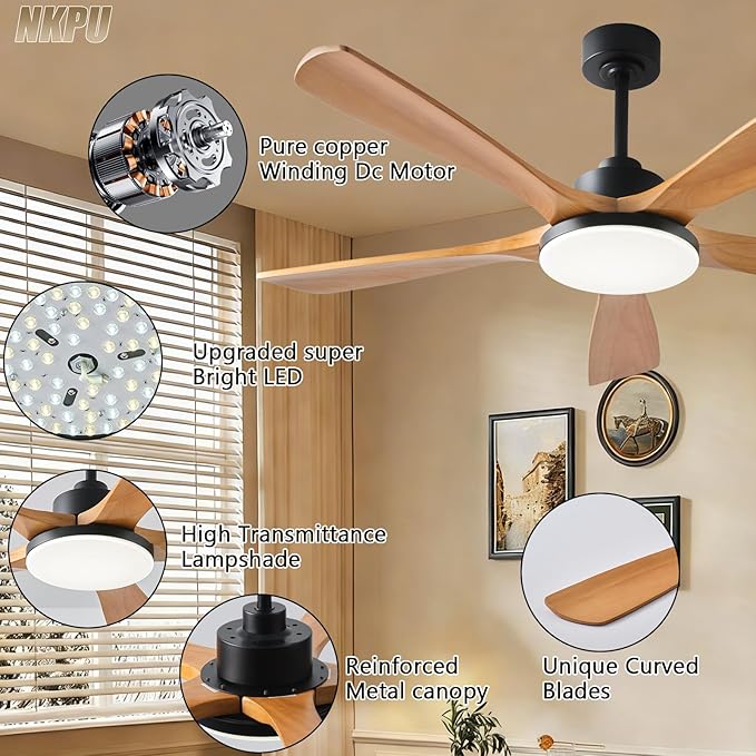 Ceiling Fans with Lights and Remote Control, 5 Solid Wood Blades, 3CCT Dimmable, 56 Inch Modern Outdoor Ceiling Fans for Bedroom Farmhouse Patios, Quiet DC Motor