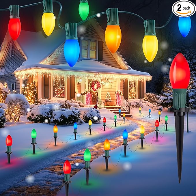 Brightown Frosted C9 LED Christmas Lights Outdoor, 2 Packs Total 64Ft Pathway Lights with 50 LED Bulbs and Stakes, Multicolor Christmas Decorations for Outside Driveway, Walkway, Sidewalk