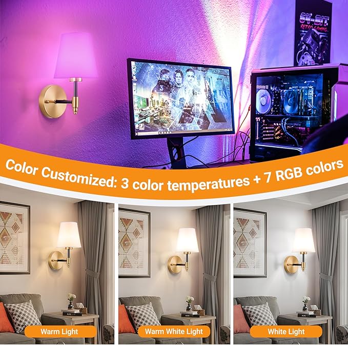 Battery Operated Wall Sconces Set of 2, Wireless Wall Light with 10000mAh RGB Dimmable Magnetic Bulb, Rechargeable Wall Sconce with Remote Control for Bedroom Living Room