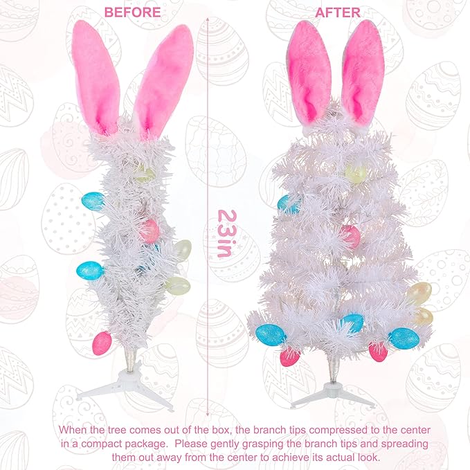 Dynaming Easter Table Decorations, 23 Inch Lighted Easter Bunny White Tree, Pre-lit Artificial Tabletop Tree with Bunny Ears and Eggs, Battery Operated Light Up for Indoor Spring Home Bedroom Decor