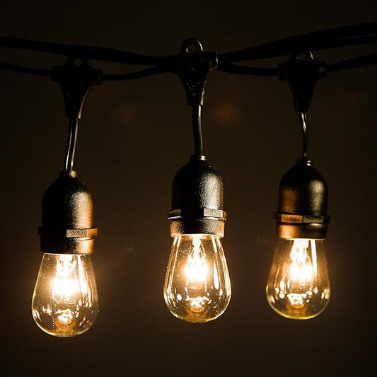 Hometown Evolution, Inc. 50 Foot E26 Commercial Outdoor String Lights with 25 Suspended Sockets and S14 Clear Bulbs for Weatherproof Heavy Duty Vintage Outside Lighting
