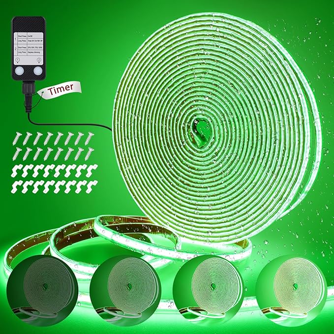 OMIKA Green 33FT COB LED Strip Lights Outdoor Waterproof, 3200 LED Plug in Strip Light PVC Casing Tape Light Flexible with Self-Adhesive Timer Dimmable for House Garden Camping DIY