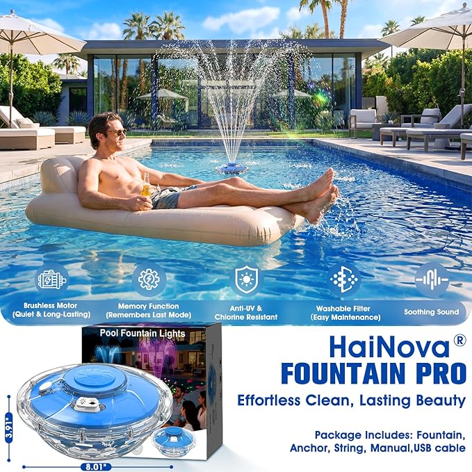 8000mAh Rechargeable Pool Fountain with Lights,2026 Floating Pool Fountain for Above Ground Pool Water Fountain Pump with Anchor,Upgraded Swimming Pool Fountain Floating Pump for Pool Pond-Light Blue