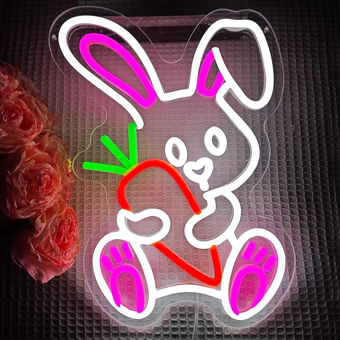Easter Neon Sign for Wall Decor Bunny Neon Light Carrot Led Sign Carrot Rabbit Neon Neon Light Up Sign for Party Wall Decoration Home Room Children'S Easter Gift