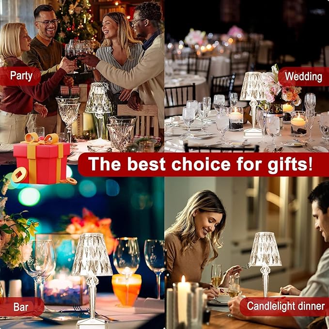 2pcs Crystal Table Lamp Touch Control Crystal Rose Lamp, [2000mAh]Rechargeable LED Diamond Table Lamps with 3 Color Changing Light, [Non-Yellowing]Acrylic Cordless Table Lamp Small Lamp for Bedroom