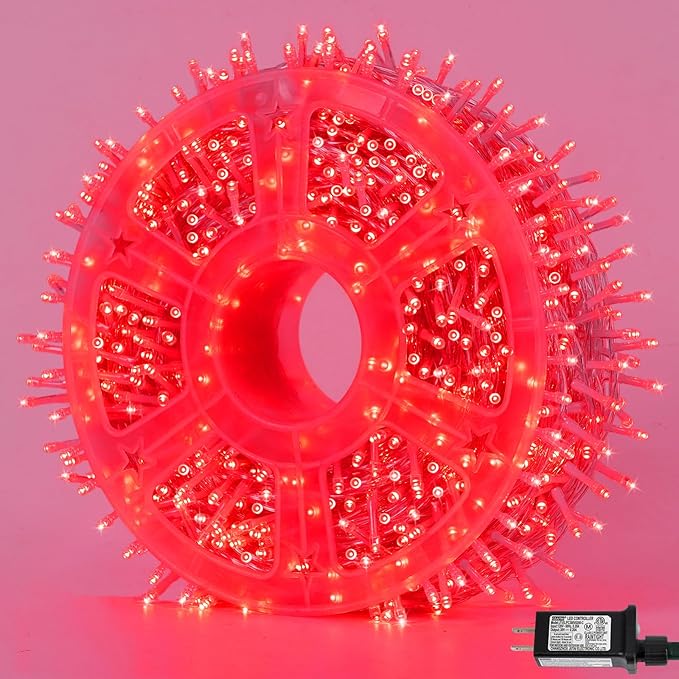 QITONG Red Valentine Lights Outdoor, 165ft 500 LED String Lights Plug in, Clear Wire Twinkle Christmas Lights Indoor with 8 Modes