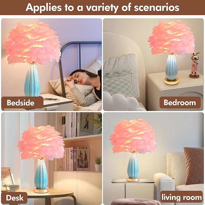Pink Feather Table Lamp Creative Bedside Feather Lamp Simple Goose Furry Nightstand Light Fluffy Desk Lighting for Girl Bedroom Living Room Decoration Wedding Romantic Atmosphere