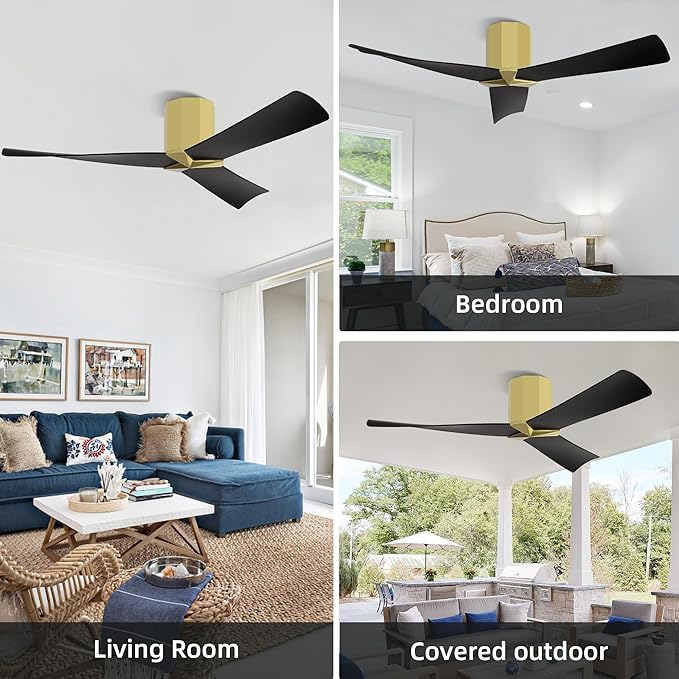 WINGBO 52" Ceiling Fan no Light - Brass and Black DC Flush Mount Ceiling Fan, 3 ABS Plastic Curved Blades, 6 Speed Reversible DC Motor, Hugger Ceiling Fans No Light for Kitchen, Bedroom, Living Room