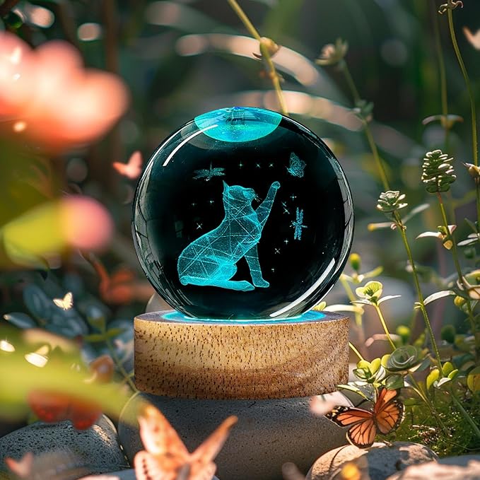 3D Cat Crystal Ball Night Light Cat Lover Gifts for Women 60mm Figurines Glass Lamps with 16 Color and Remote Cute Room Table Decor Birthday Christmas