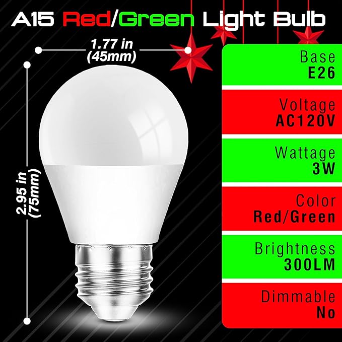 Red Green Light Bulbs 25w-40w Equivalent, 120V 3W Christmas Light Bulb, E26 Red Light Bulbs Green Light Bulb for Christmas Halloween Holiday Party Wedding Porch Decoration, Non-Dimmable (1Red+1Green)