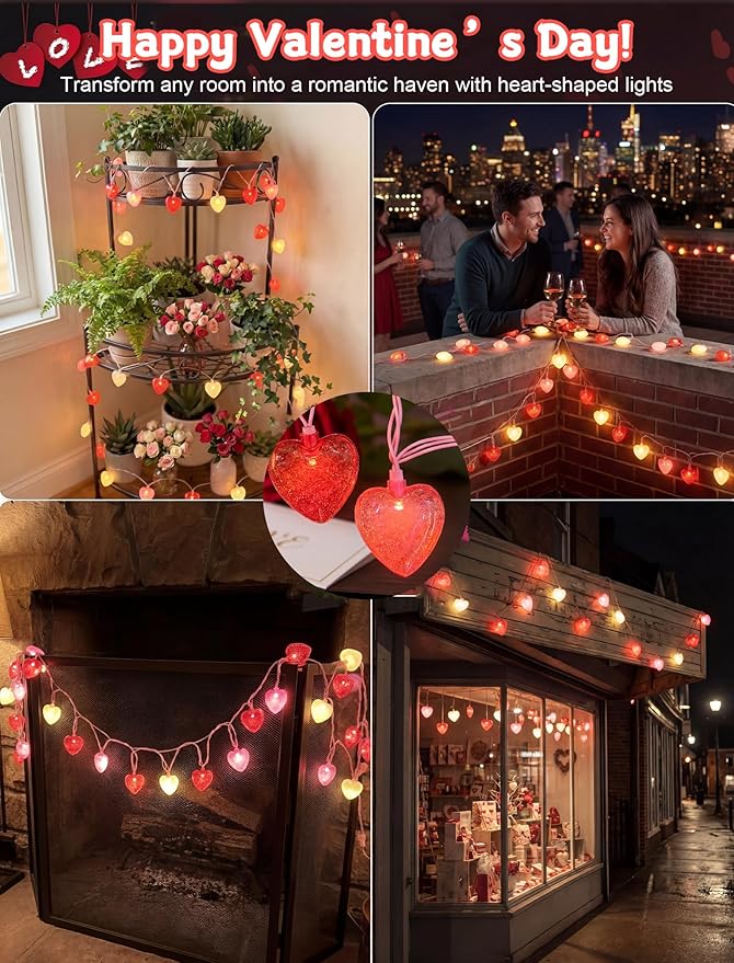 12Ft Heart String Lights, Valentines Day Decorations Lights with 20 LED Glitter Red White Pink Heart Light, Plug in Fairy Lights for Wedding Anniversary Proposal Valentines Day Decor