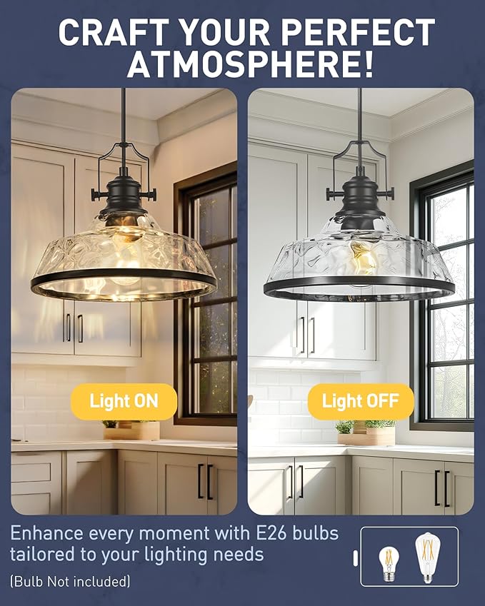 kudos Pendant Lights Kitchen Island, 11" Black Pendant Lights with Clear Hammered Glass Shade, Farmhouse Large Hanging Light Fixture for Kitchen Sink Dining Room, KDPL13-BK-H