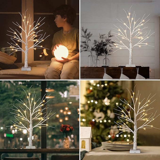 Woohaha Birch Tree Easter Decorations Indoor for Home,2ft 24LED Warm White Light Up Birch Tree，Battery&USB Tabletop Timer Artificial Mini Christmas Tree with Lights for Holiday Party Wedding