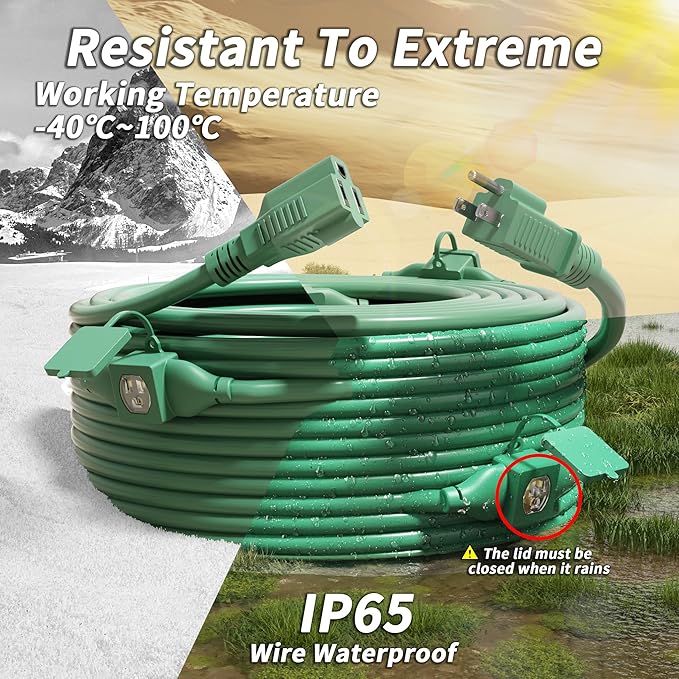 25 FT Green Outdoor Extension Cord with Multiple Outlets, 16/3 Gauge Outdoor Green Extension Cord Evenly Spaced 3 Outlets Plugs Waterproof, 13AMP 1625W 125V 16AWG SJTW, ETL Listed