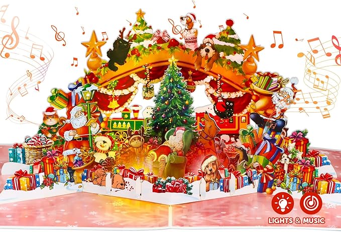 FaCraft Musical Christmas Cards, with Lights and Music, 15.4 x 10.4 inch Handmade 3D Large Pop Up Christmas Card, with Envelope Blank Insert and Seal for Winter Holidays New Year (Dogs Cats Party)