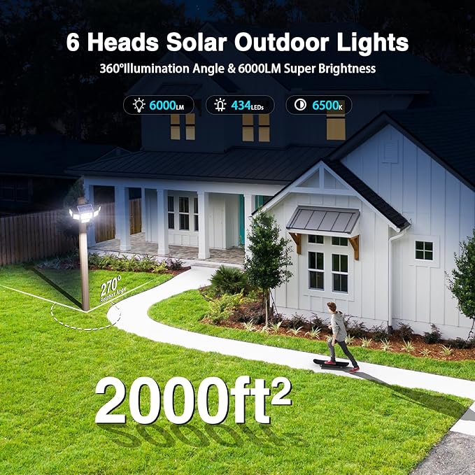 6000LM Solar Lights Outdoor Waterproof, 6 Heads Solar Flood Lights Outdoor with 2 Motion Sensor, 310 LED Motion Light with Remote Control for Yard Outside House Patio 1 Pack