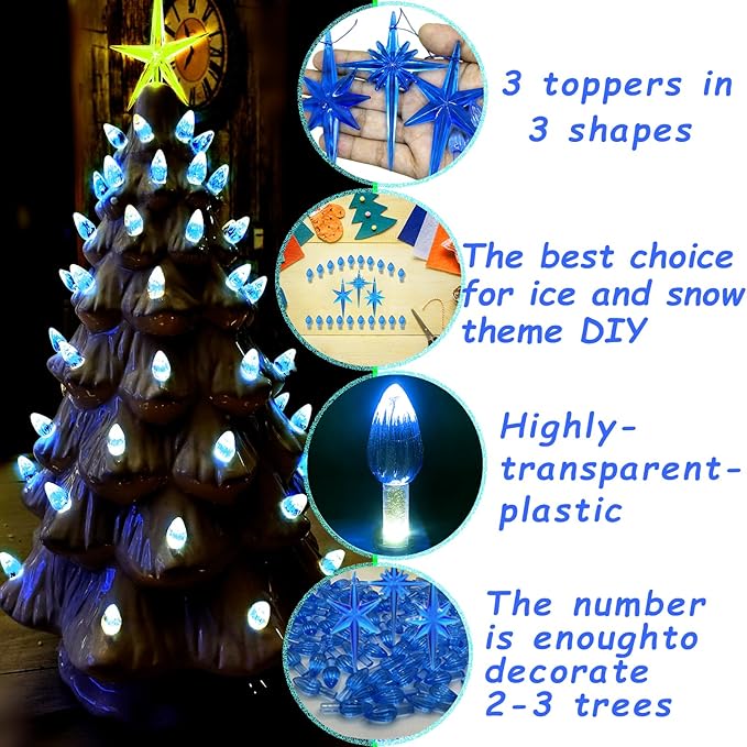 Ceramic Christmas Tree Replacement Lights Bulbs, Klein Blue Medium Twist Plastics Pegs Ornaments for Ceramic Tree(87 Bulbs＆ 3 Topper Star)