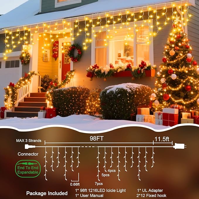 98 Ft Ice Lights for Outside, 1216 LED Christmas Lights Outdoor Plug in, Christmas String Lights with 8 Modes & Timer for Holiday, Party, Wedding, House, Patio, Outdoor Decor(Warm White)