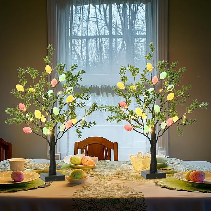 EAMBRITE Easter Decorations Easter Tree with Eggs, 2Ft Tabletop Tree with 24 LED Lights, Lighted Artificial Tree Battery/USB Operated Light up Easter Egg Tree for Spring Home Decor (2 Pack)