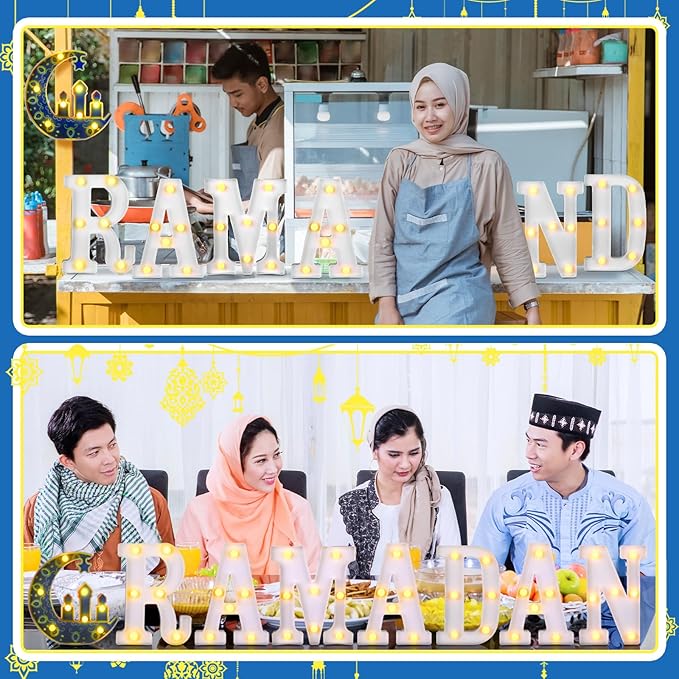 8 Pcs Large Ramadan Decorations LED Letter Sign Ramadan Mubarak LED Lights Battery Powered Table Decorations for Eid Home Party Supplies