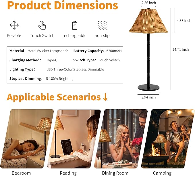 Mr.White Rechargeable Cordless Table Lamp with Wicker Shade, 5200mAh Battery Operated Portable Table Light with Touch Control, for Patio Restaurant Kitchen Dinner (Black)