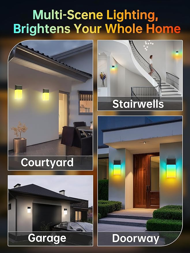Outdoor Wall Lights, 1500LM RGBCW Smart LED Porch Lamp Sconces, IP65 Waterproof Exterior Lighting Fixtures, Modern Decor for Garage, House, Patio, Garden, Yard, Party