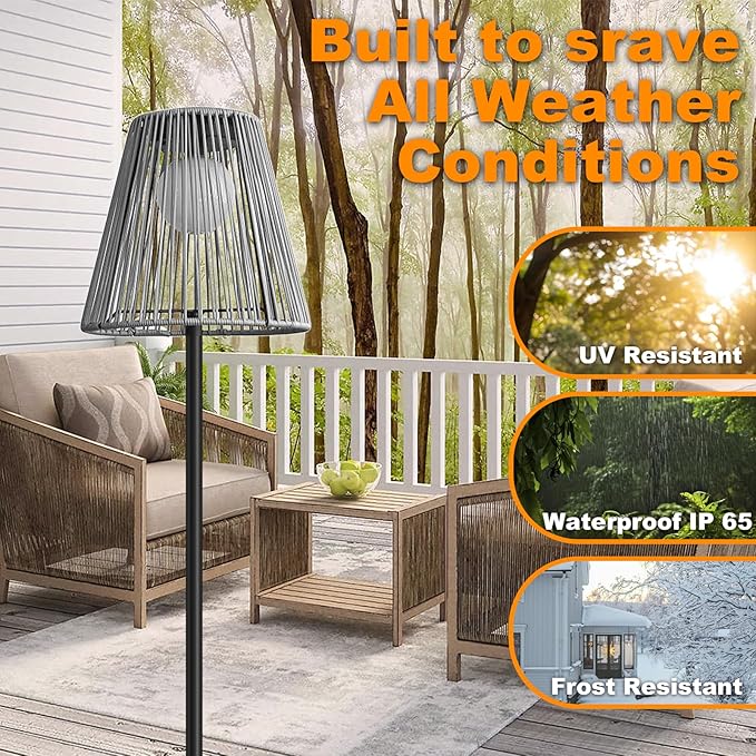 Outdoor Solar Floor Lamp, Garden Rattan Wicker Light, Metal Pole and Base, Waterproof Yard Garden Wedding Home Decor Light -Grey