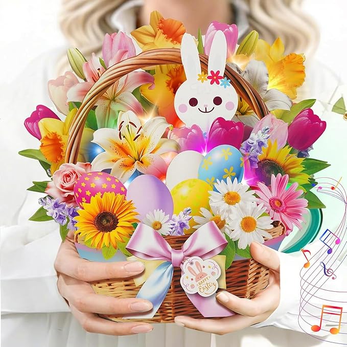 3D Pop Up Easter Flower Basket Card with Music & Lights – Bunny, Eggs, Lily, Tulip, Daisy Bouquet – Envelope Included – Gift & Decoration