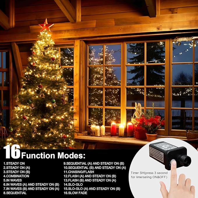 LAMPHOME 66ft Christmas Decorative Mini Lights,200 LED Transparent Wire Fairy Starry String Lights Plug in, 16 Lighting Modes, for Indoor Outdoor Xmas Tree Wedding Party Decoration (Warm White)