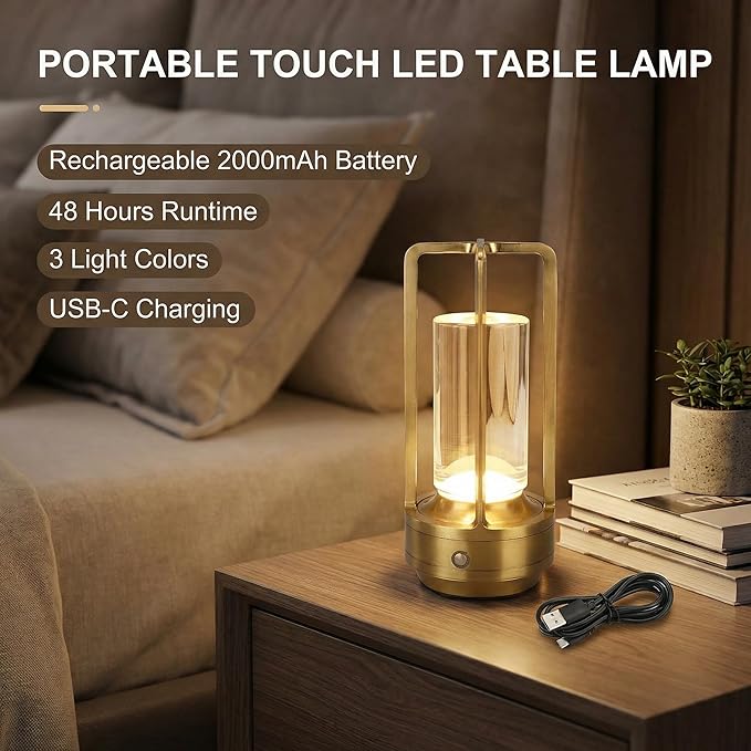 Cordless Table Lamp for Outdoor Indoor Rechargeable LED Crystal Lantern Lamp, 3 Color Stepless Dimming Touch Portable Metal Desk Lamp for Bedroom Restaurant Home Gold