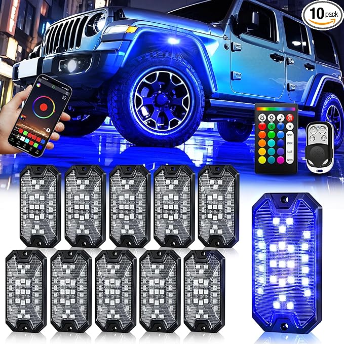 10Pods 5 Sides Full Angle RGB LED Rock Lights Kits High Brightness 27 Beads RGBW 5050 IP68 Waterproof Underglow Multicolor Exterior Wheel Rock Lights for 12V Trucks Jeep Offroad Pickup UTV ATV RZR SUV