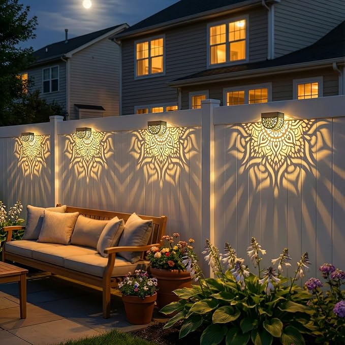 4 Pack Solar Fence Lights Outdoor Wall Lights Plastic Solar Powered Deck Step Stair Lights Mandala Theme Waterproof Fence Solar Light for Garden Post Patio Yard Decor, Gardening Gifts for Women Mom
