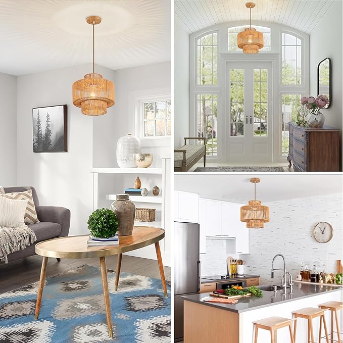 Boho Chandelier Rattan Pendant Light for Dinning Room Bohemian Hanging Lights 3-Tier Rattan Chandelier Basket Light Woven Light for Bedroom Entrance Hallway Kitchen Island Light Fixture