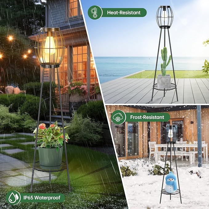 2 Pack Solar Lights Outdoor with Plant Stands, Solar Floor Lamp, Solar Powered Street Light Metal Tripod Deck Lights, Patio Decor for Garden Yard Pathway Driveway Porch