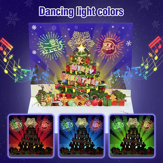 FaCraft Musical Christmas Cards, with Lights and Music, Handmade 3D Pop Up Christmas Tree Card, with Envelope, Blank Insert and Seal, for Winter, Holidays, New Year