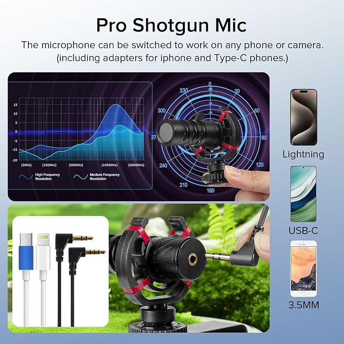 Vlogging Kit for iPhone, Android with Full Size Tripod, Tripod, Phone Stand, LED Light and Shotgun Microphone for Video Calling, Vlogging, YouTube, Instagram, TikTok