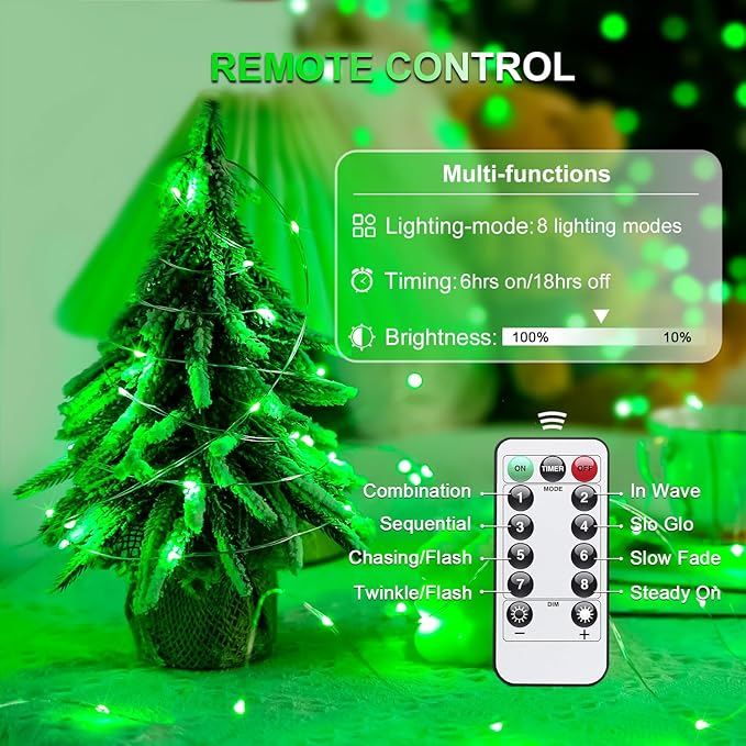 JMEXSUSS 2 Pack Green Fairy Lights Battery Operated, Total 200 LED 66ft Twinkle String Lights with Remote, 8 Modes Christmas Lights for Tree Wreath Fireplace Indoor Outdoor Halloween Xmas Decor